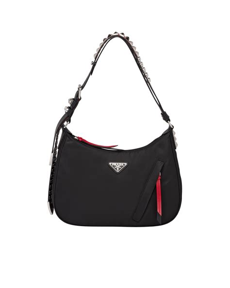 prada black nylon hobo bag with leather and studs|prada nylon crossbody camera bag.